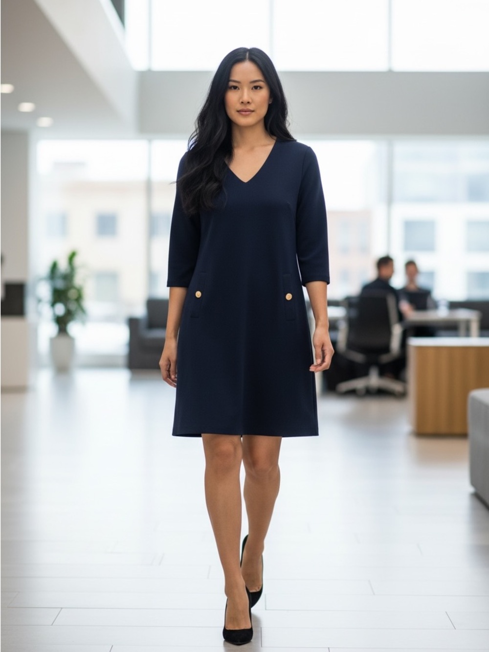 Eliza J Navy Blue Ponte A-line 3/4 Sleeve V-neck Dress Size 12